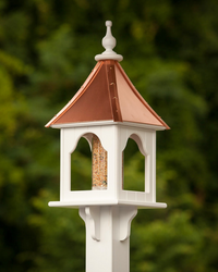 Handcrafted Unique Vinyl Bird Feeder with copper roof options, made from durable cellular expanded PVC. Features lift-off roof, heavy-duty acrylic tube (3" x 9"), and decorative brackets. Guaranteed maintenance-free with no rotting, cracking, or fading. USA-made, fits 4x4 post. Free shipping!