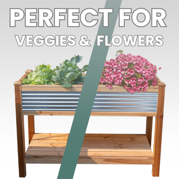 4ft Raised Planter – Cedar & Galvanized Steel – Stylish and durable elevated garden bed for herbs, flowers, and vegetables. Weather-resistant cedar frame with corrugated galvanized steel panels for a modern, rustic look. Spacious 4.86 cu. ft. planting bed with included fabric liner. Lower slatted shelf provides 8 sq. ft. of storage. Easy assembly with Phillips-head screws. Measures 48"L x 22"W x 33.5"H. Perfect for patios, decks, and backyards.