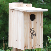 Close-up of BestNest cedar nesting house mounted on a tree, designed for screech owls and kestrels, with durable weather-resistant construction for wildlife shelter.