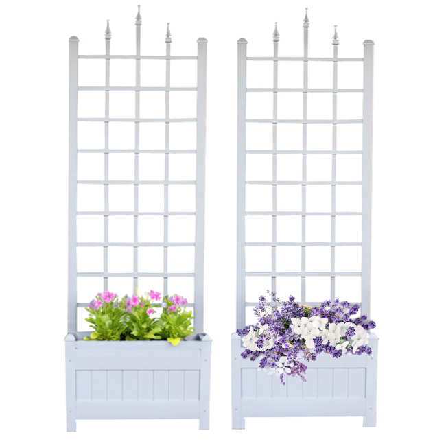 White Camelot Planter Trellis Set (2-Pack) – Create an elegant entryway with these durable, weather-resistant vinyl planters with attached trellises. Classic paneled bases and decorative lattice structures support climbing plants while adding height and charm. UV-protected, fade-resistant, and maintenance-free. Easy assembly. Each measures 28"W x 16"D x 80"H. Made in the USA with a 20-year warranty. Perfect for gardens, patios, and doorways.