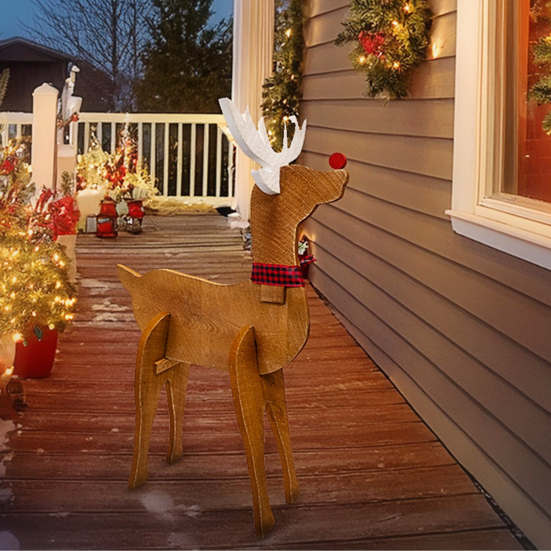 Handmade wooden reindeer figure crafted by Amish artisans, bringing a cozy Christmas feel to home decor