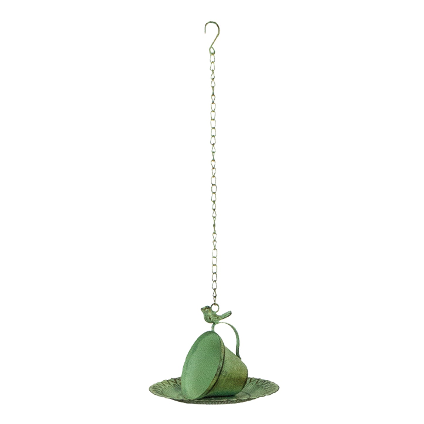 Antique-inspired hanging teacup bird feeder for backyard