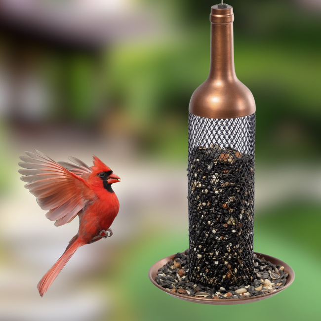 A red cardinal bird flying toward a copper-finished wine bottle-shaped bird feeder filled with seeds, designed for easy feeding.