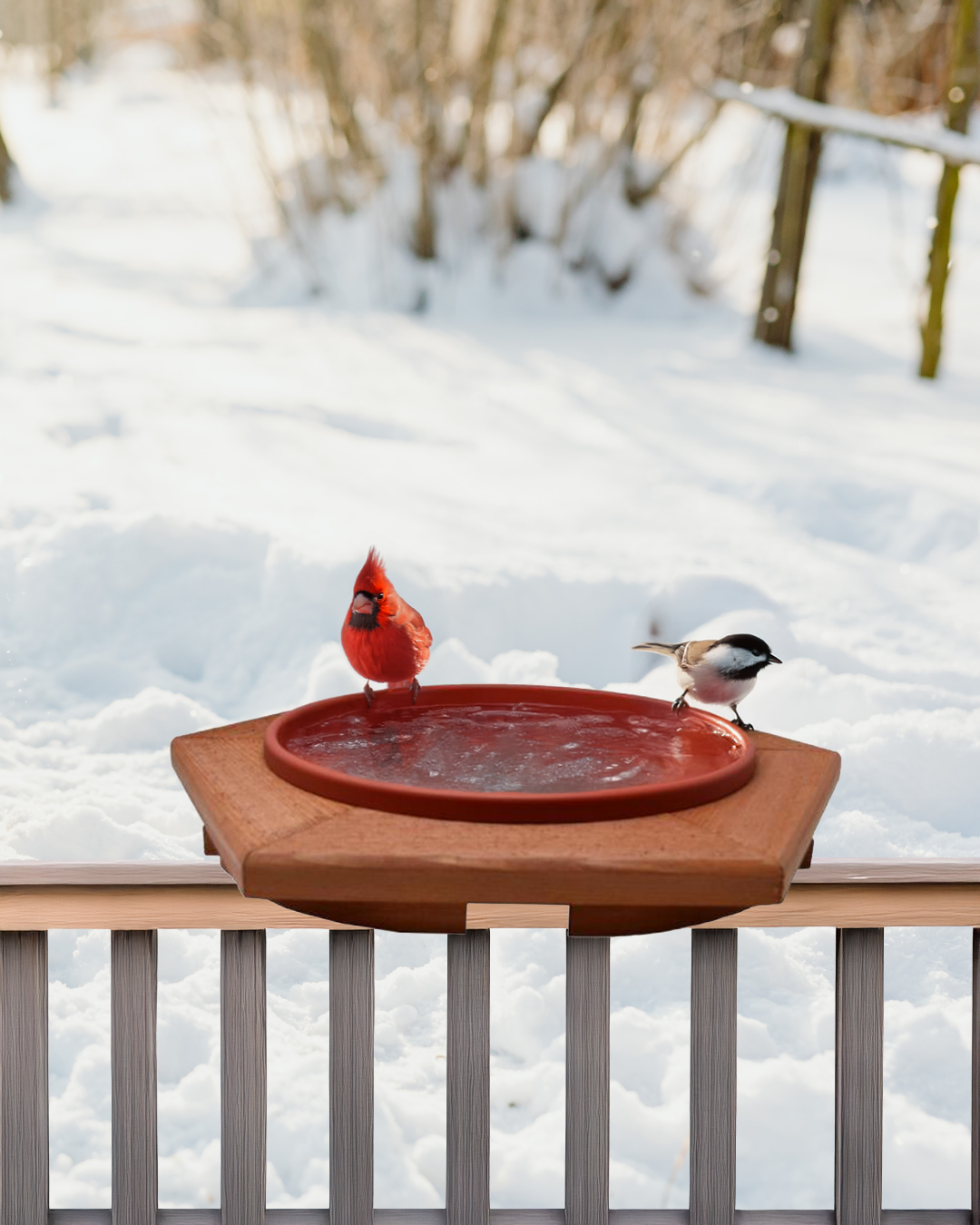 Cedar Heated Deck Mount BirdBath