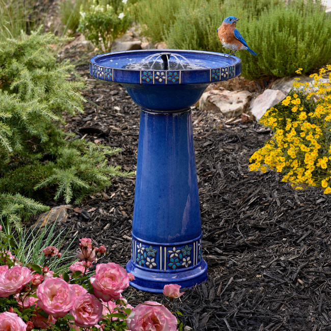 Cobalt Bloom Solar Birdbath