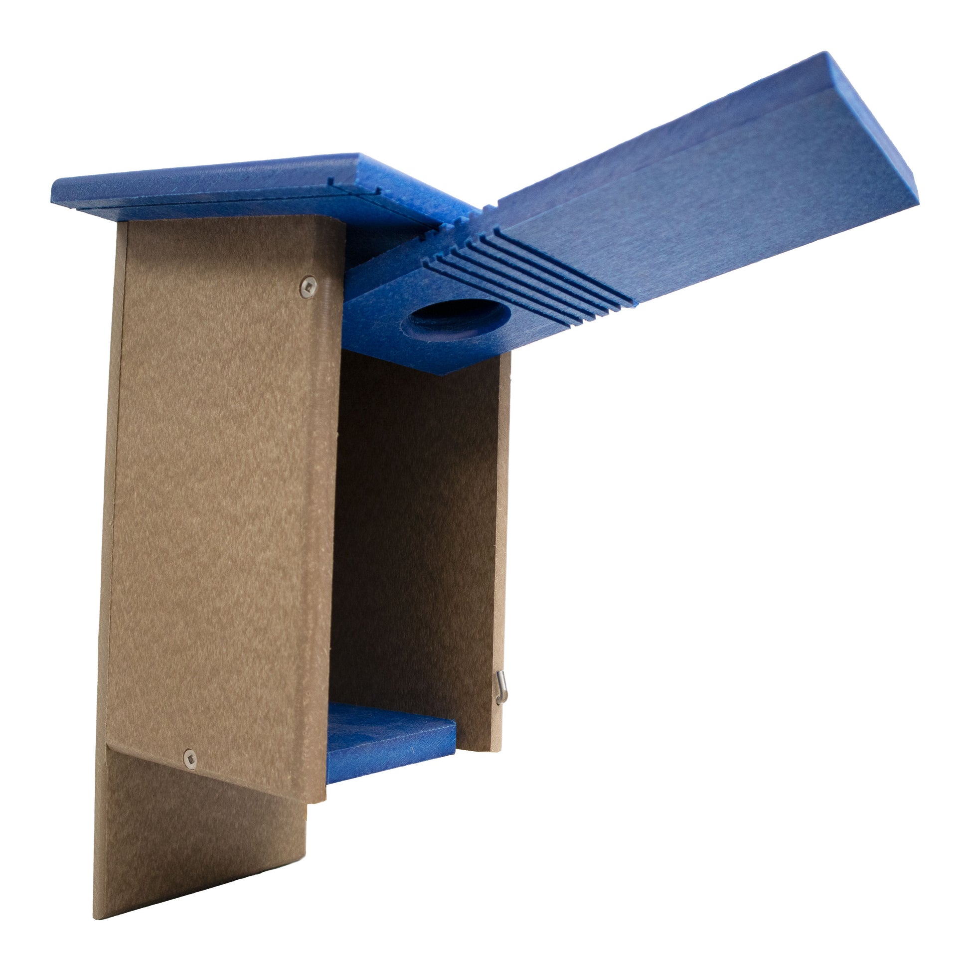 Classic durable bluebird house made of weather-resistant wood, designed for nesting birds with proper ventilation and drainage.