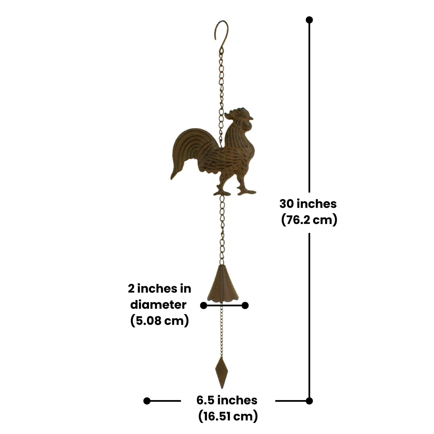 Decorative rooster wind chime with aged finish