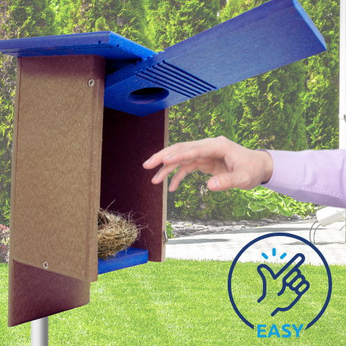 Classic durable bluebird house made of weather-resistant wood, designed for nesting birds with proper ventilation and drainage.