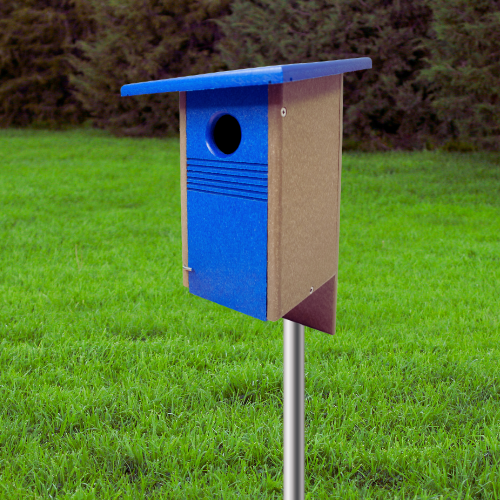 Classic durable bluebird house made of weather-resistant wood, designed for nesting birds with proper ventilation and drainage.