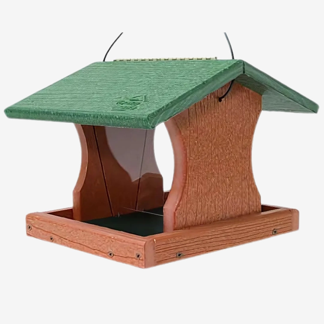 Woodlink Going Green Premier Hopper Bird Feeder, crafted from recycled materials, ideal for feeding wild birds in your backyard