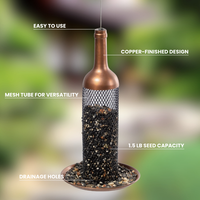 Copper-finished wine bottle-style bird feeder with a mesh tube, 1.5 lb seed capacity, drainage holes, and an easy-to-use hanging cord, labeled with key features.