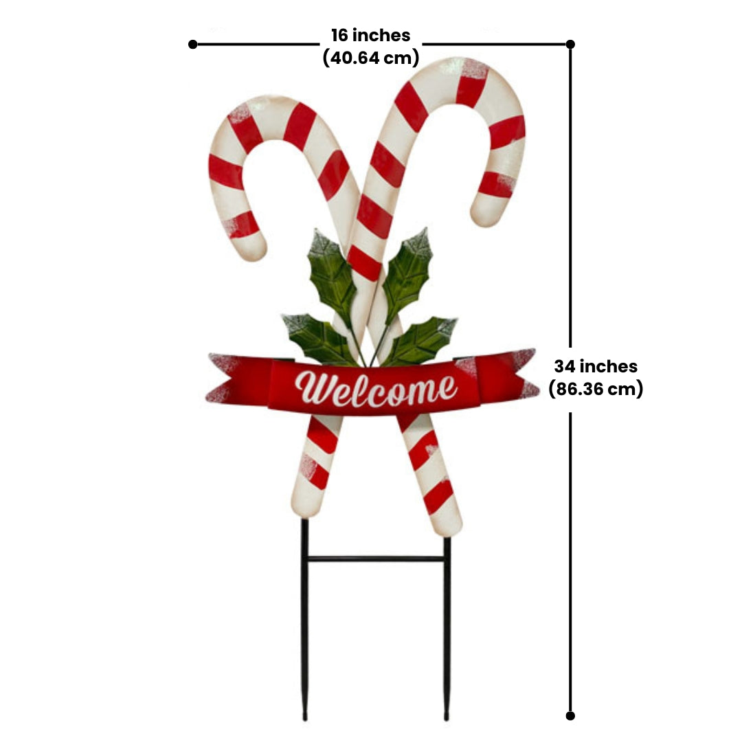 Land & Sea metal candy cane yard art, 34 inches tall, ideal for brightening up your outdoor holiday decor.