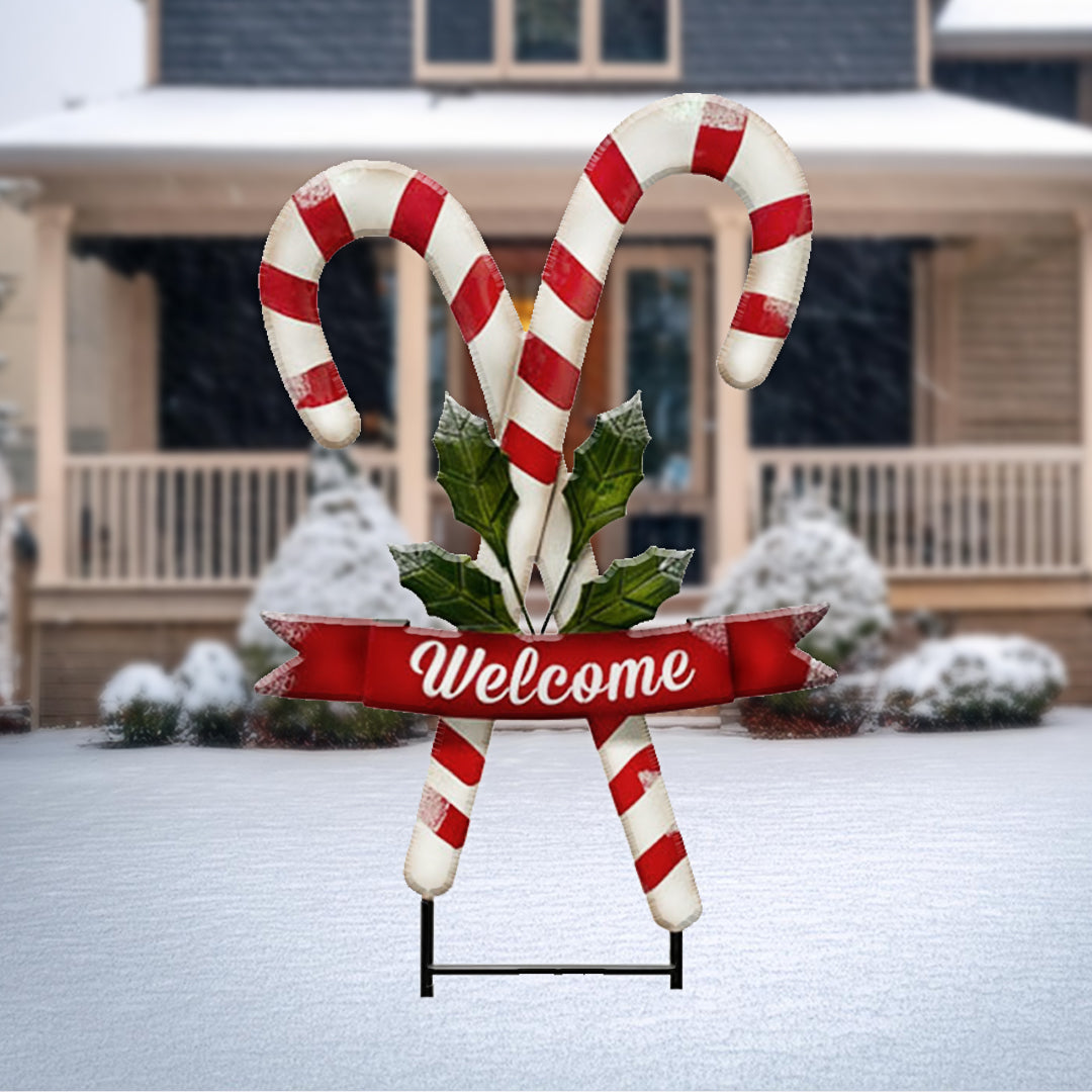 Land & Sea metal candy cane yard art, 34 inches tall, ideal for brightening up your outdoor holiday decor.