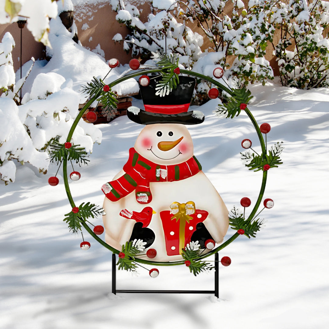 32-inch metal snowman yard art by Land & Sea, designed as a festive holiday stake for outdoor decorations.