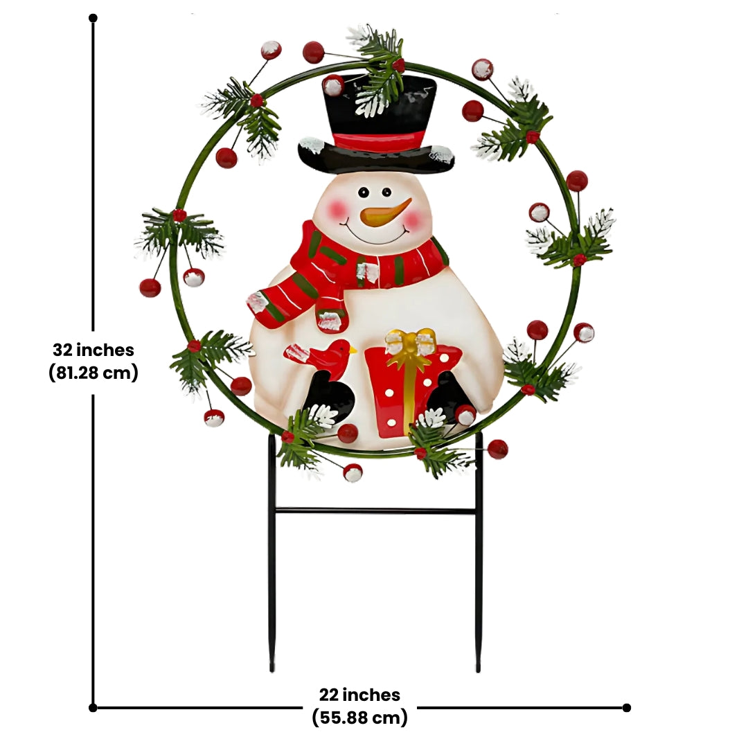 32-inch metal snowman yard art by Land & Sea, designed as a festive holiday stake for outdoor decorations.