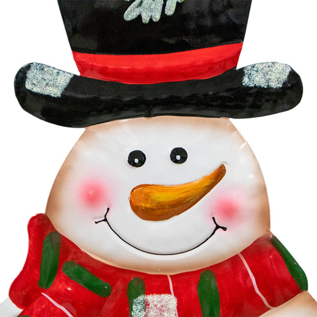 32-inch metal snowman yard art by Land & Sea, designed as a festive holiday stake for outdoor decorations.