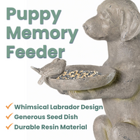 Labrador Retriever design, generous seed dish, and durable resin material.