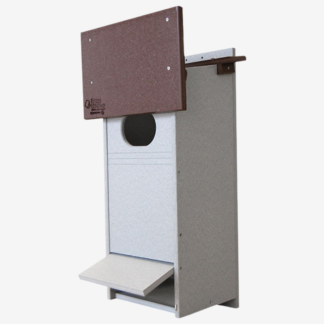 Amish Made Recycled Plastic Wood Duck House in brown and gray, designed to provide a durable and eco-friendly nesting spot for wood ducks