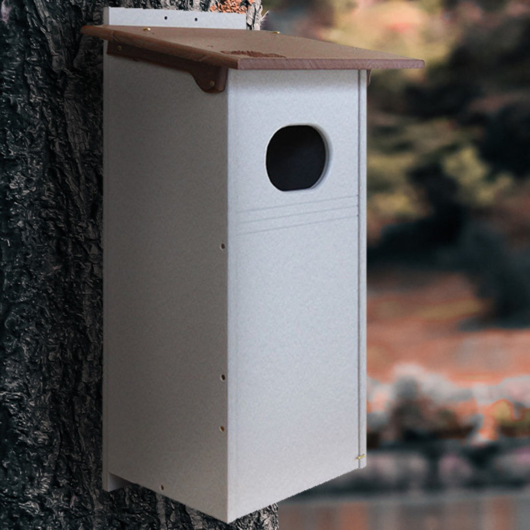 Amish Made Recycled Plastic Wood Duck House in brown and gray, designed to provide a durable and eco-friendly nesting spot for wood ducks