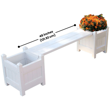 A white vinyl planter bench with two planter boxes and a 48-inch seat, showcasing its sturdy design and functionality.