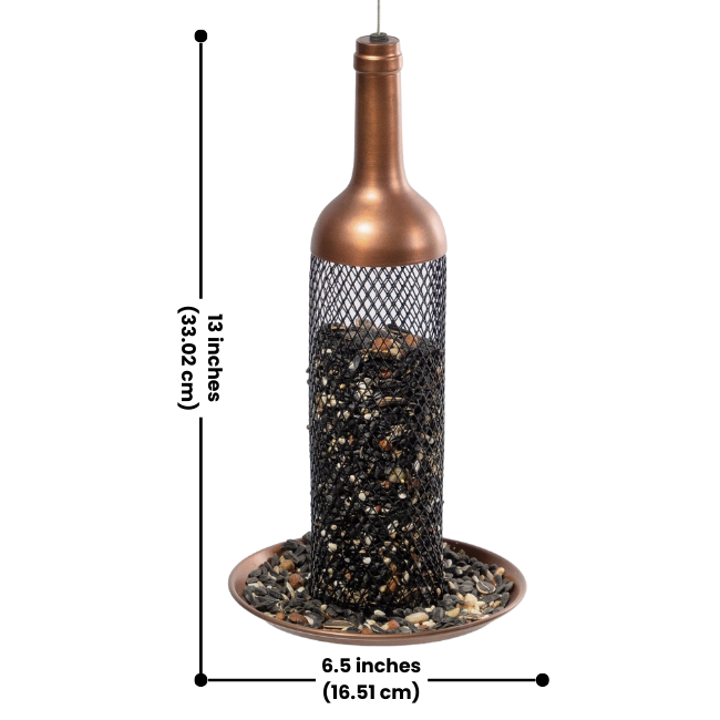 A hanging copper-finished bird feeder with mesh tube and tray, labeled with dimensions of 13 inches in height and 6.5 inches in width.