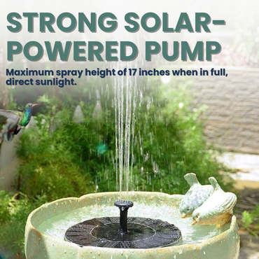 Solar-powered fountain with 17-inch spray height in birdbath. High-efficiency solar pump creates a stunning water spray to attract birds to your garden