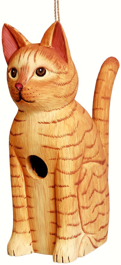 Cat Sitting Wooden Birdhouse- Orange Tabby
