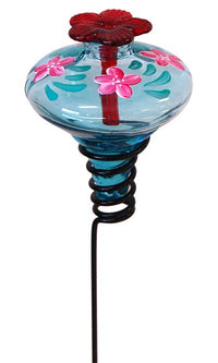 Hand Painted Glass Hummingbird Feeder on Stake- Aqua