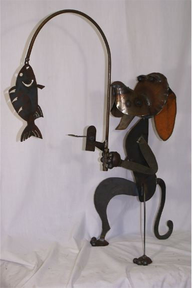 Hand Forged Dog Gone Fishing Yard Art