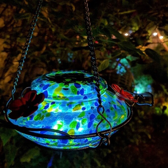 Solar Glass Hummingbird Feeder at night