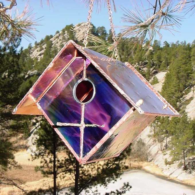 Stained Glass and Copper Bird Feeder- Black Cherry