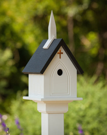 Vinyl Church Post-Mount Birdhouse-Black Roof