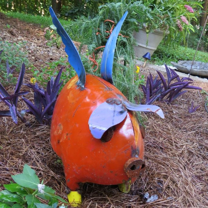 20 Recycled Metal Flying Pig - Round Body - Yard Art