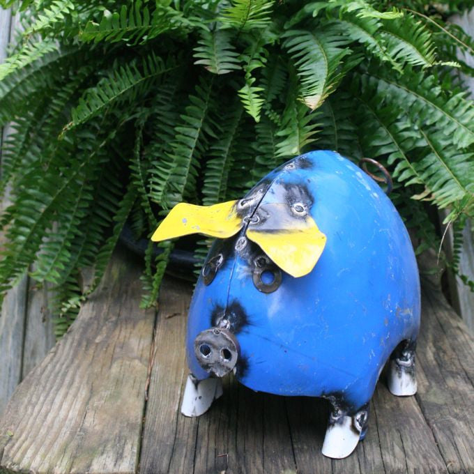 Portly Pigs Recycled Yard Art-Blue