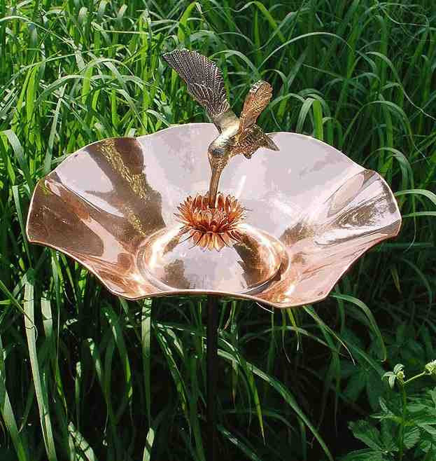 Copper Hummingbird Bird Bath with Iron Stake